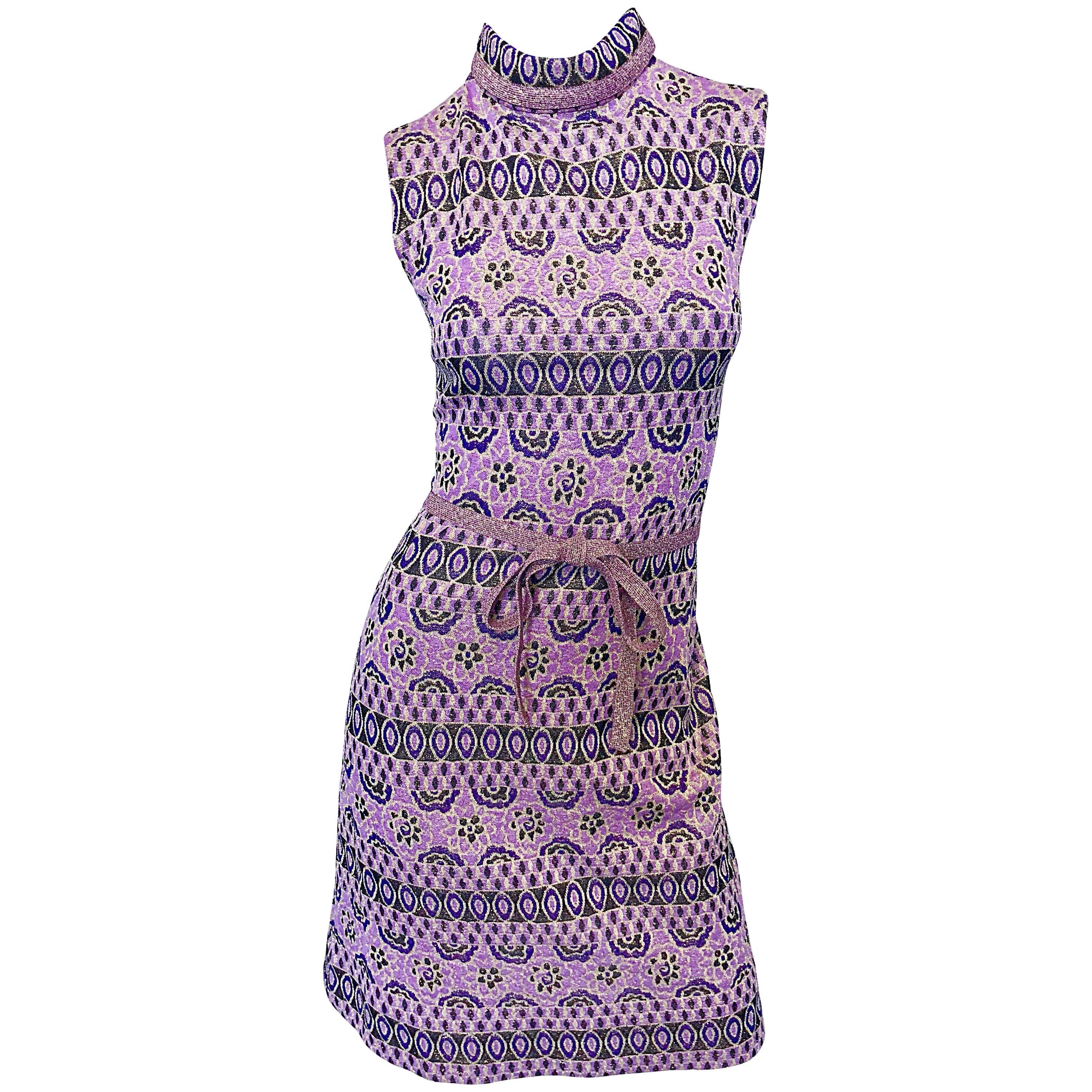 Chic Tricosa French 1960s Purple + Gold Metallic Flower Vintage 60s A Line Dress For Sale