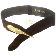 Judith Leiber Bird Buckle Brown Suede Belt circa 1980s