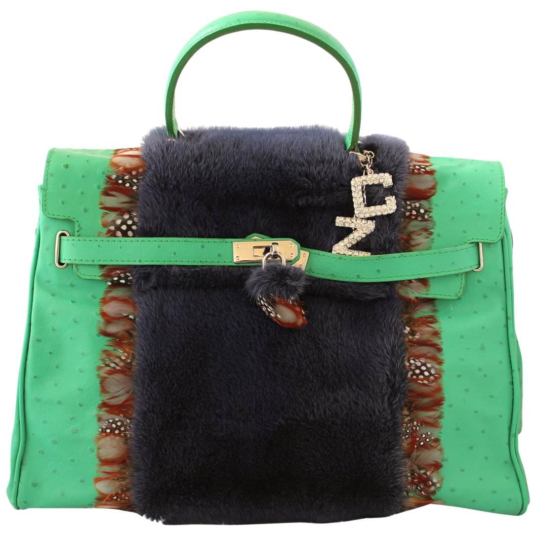 Carlo Zini Ostrich Printed Leather bag with Mink