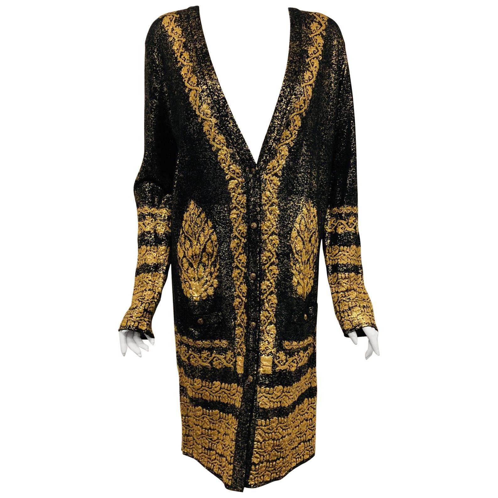 Chanel Black & Gold Tone Cotton Knit Jacquard  Print  Long Sleeve Dress
