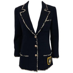 Chanel Navy Wool Boucle Fitted Jacket With Iconic No. 5 Coat of Arms on Pocket