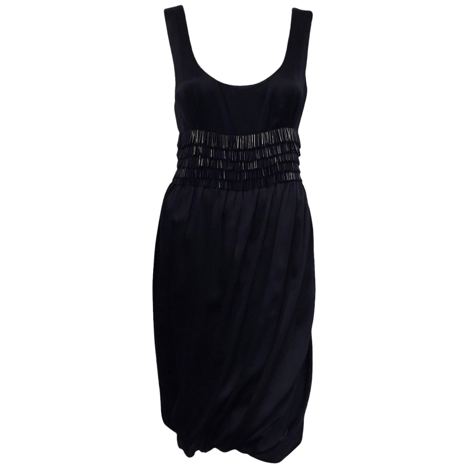 Memorable Moschino Black Silk Dress With Oscillating Black Beads at Waist  For Sale