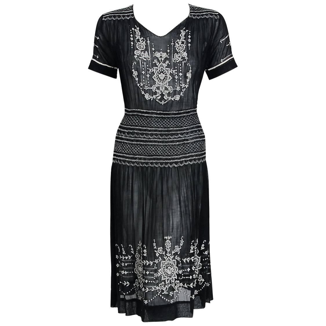 1920's Embroidered Floral Black Cotton Smocked Bohemian Peasant Dress