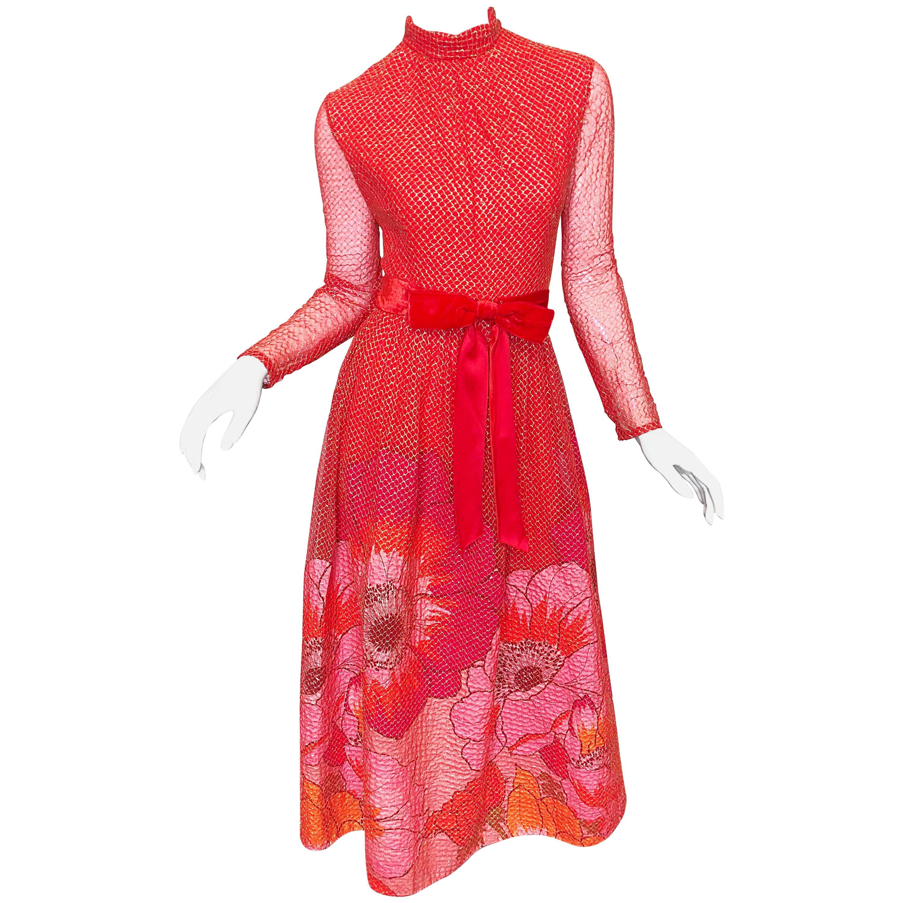 Mollie Parnis 1970s Red + Pink + Gold Silk Chiffon Flower Print 70s Gown 