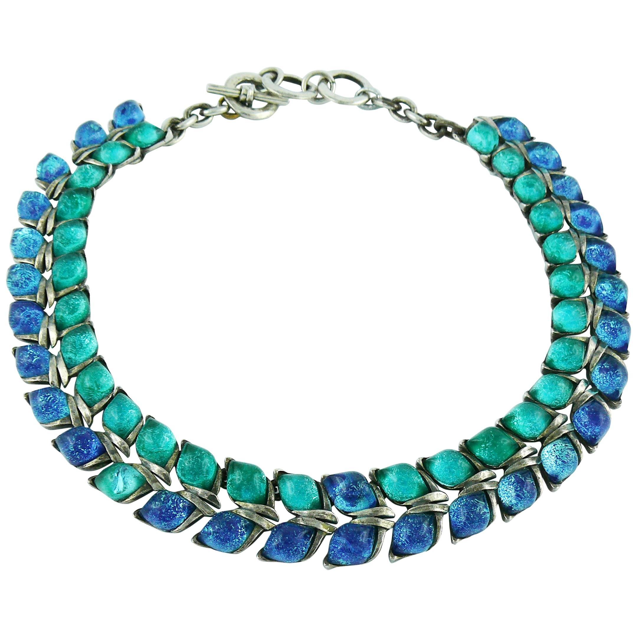 Yves Saint Laurent YSL Blue Glass Cabochons Collar Necklace
