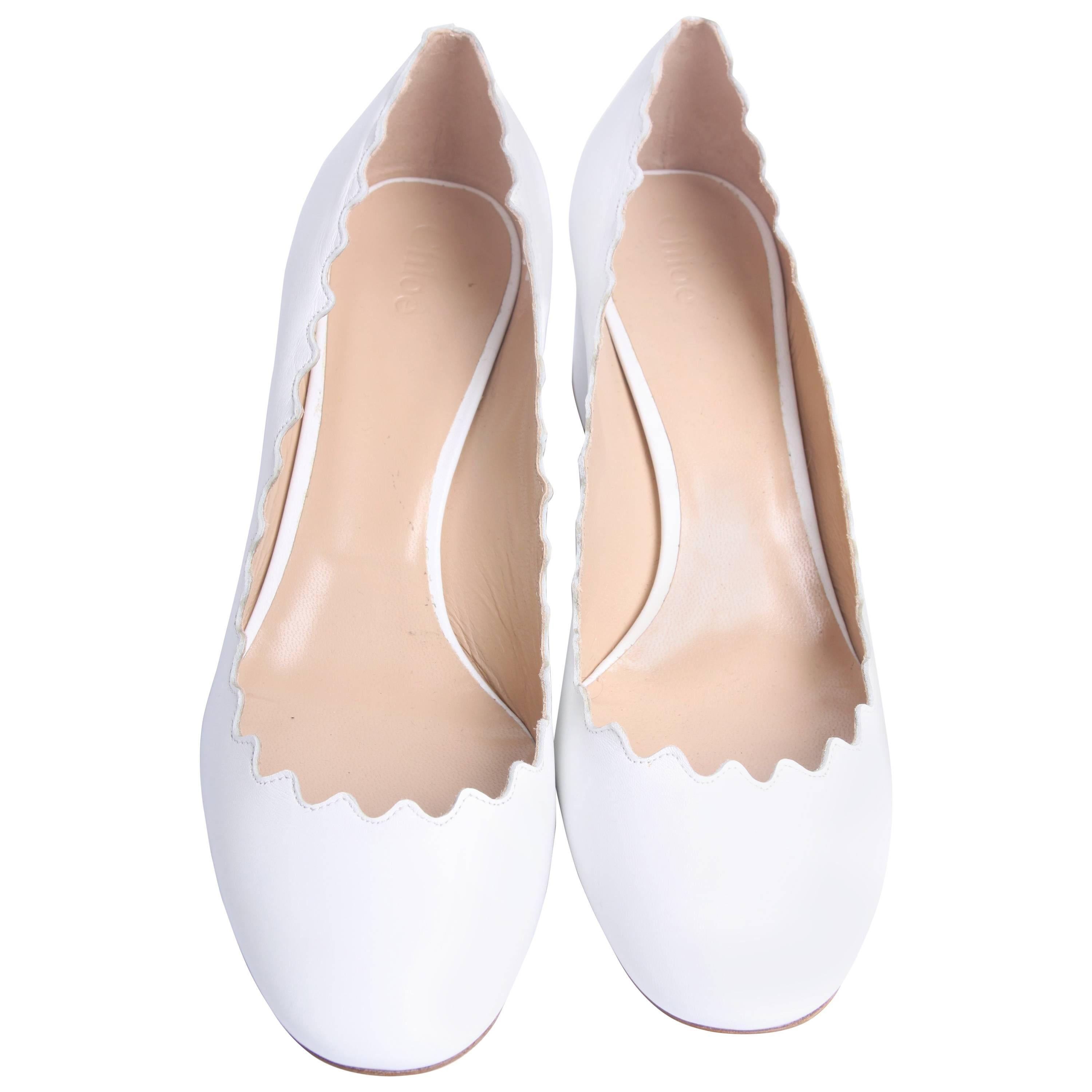 Chloe Lauren Scalloped Leather Pumps - white