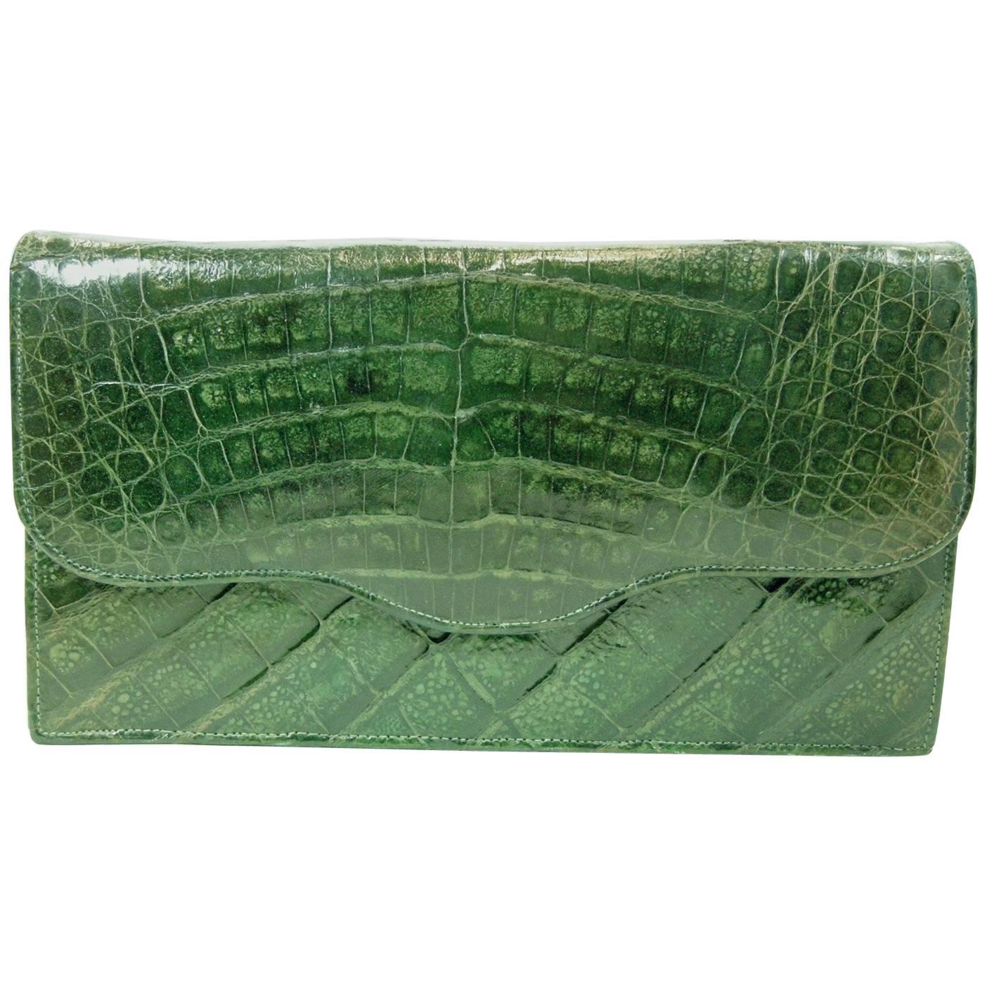 Vintage 1940s Green Crocodile Clutch Bag