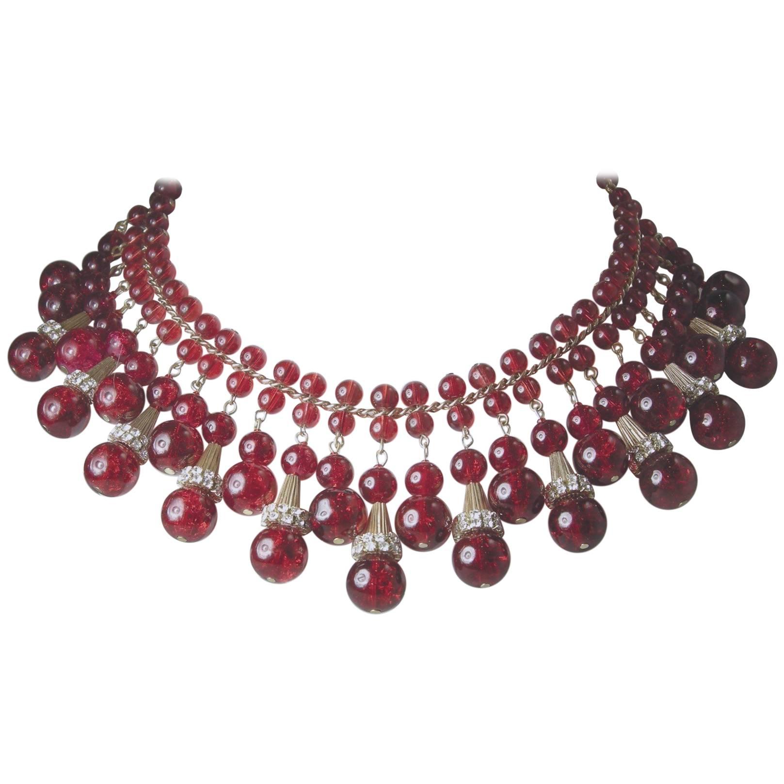 Vintage Rare Red Czech Glass Dangling Necklace For Sale