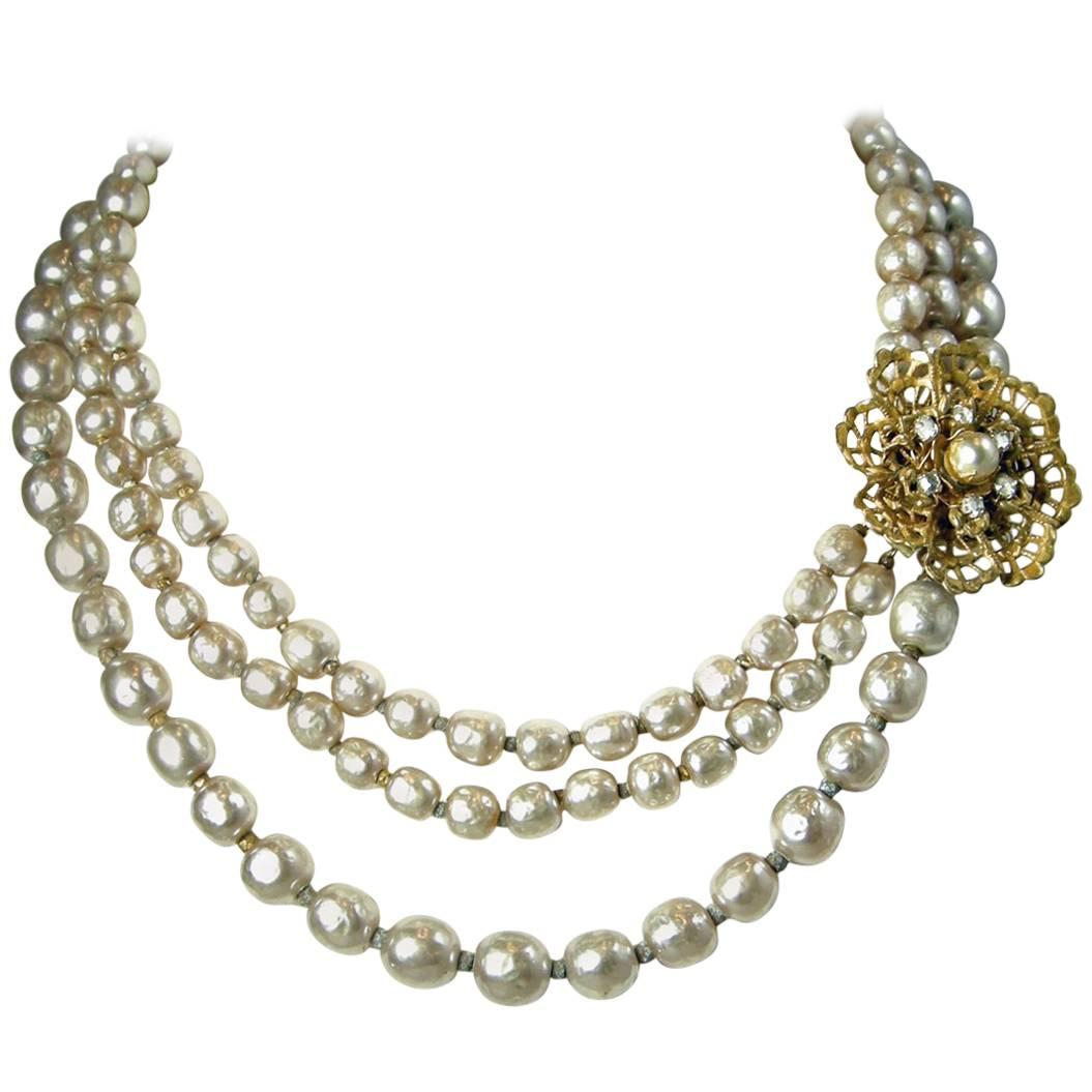 Vintage Miriam Haskell Three Strand Faux Pearl Necklace For Sale at 1stDibs   three strand pearl necklace vintage, miriam haskell pearl necklace vintage,  triple strand faux pearl necklace