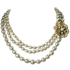 Vintage Miriam Haskell Three Strand Faux Pearl Necklace