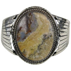 Old Pawn Navajo Sterling Silver Petrified Wood Cuff Bracelet 