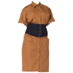 1980S GIANFRANCO FERRE Cinnamon Brown Cotton Poplin Safari Style Shirt Dress Wi