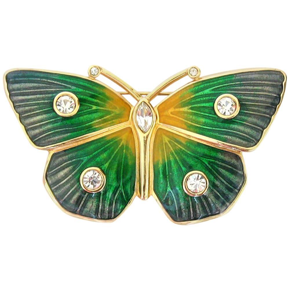 1980s Swarovski Crystal Butterfly Green Enamel Brooch, Never Worn 