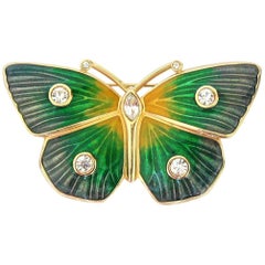 Vintage 1980s Swarovski Crystal Butterfly Green Enamel Brooch, Never Worn 
