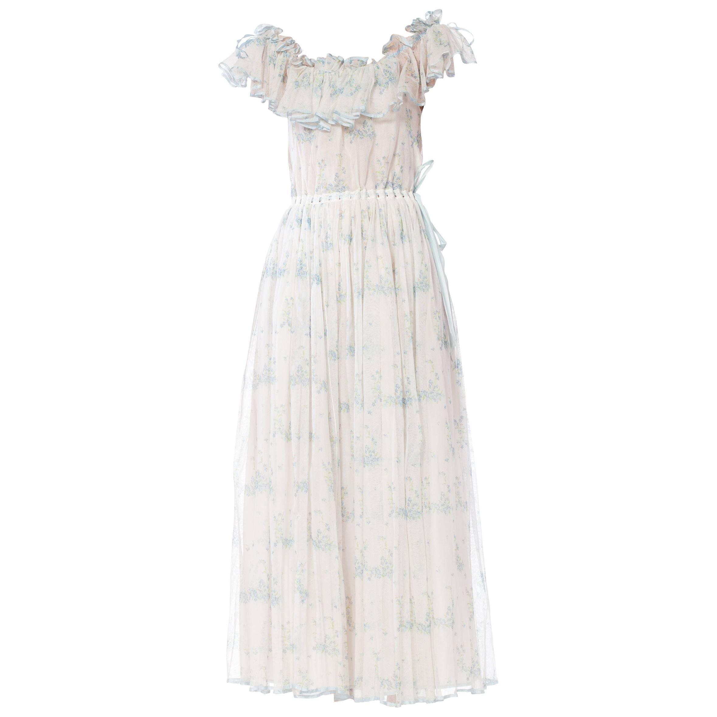 1970S Pale Blue Floral Printed Cotton Tulle Ruffled Maxi Dress Lined In Silk