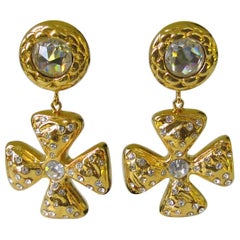 1980s Escada Maltese Cross Drop Crystal Earrings, Never Worn