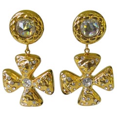 1980s Escada Maltese Cross Drop Crystal Earrings, Never Worn 