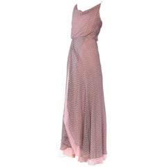 1970S Dove Grey & Pink Silk Chiffon Spaghetti Strap Cowl Neck Evening Gown