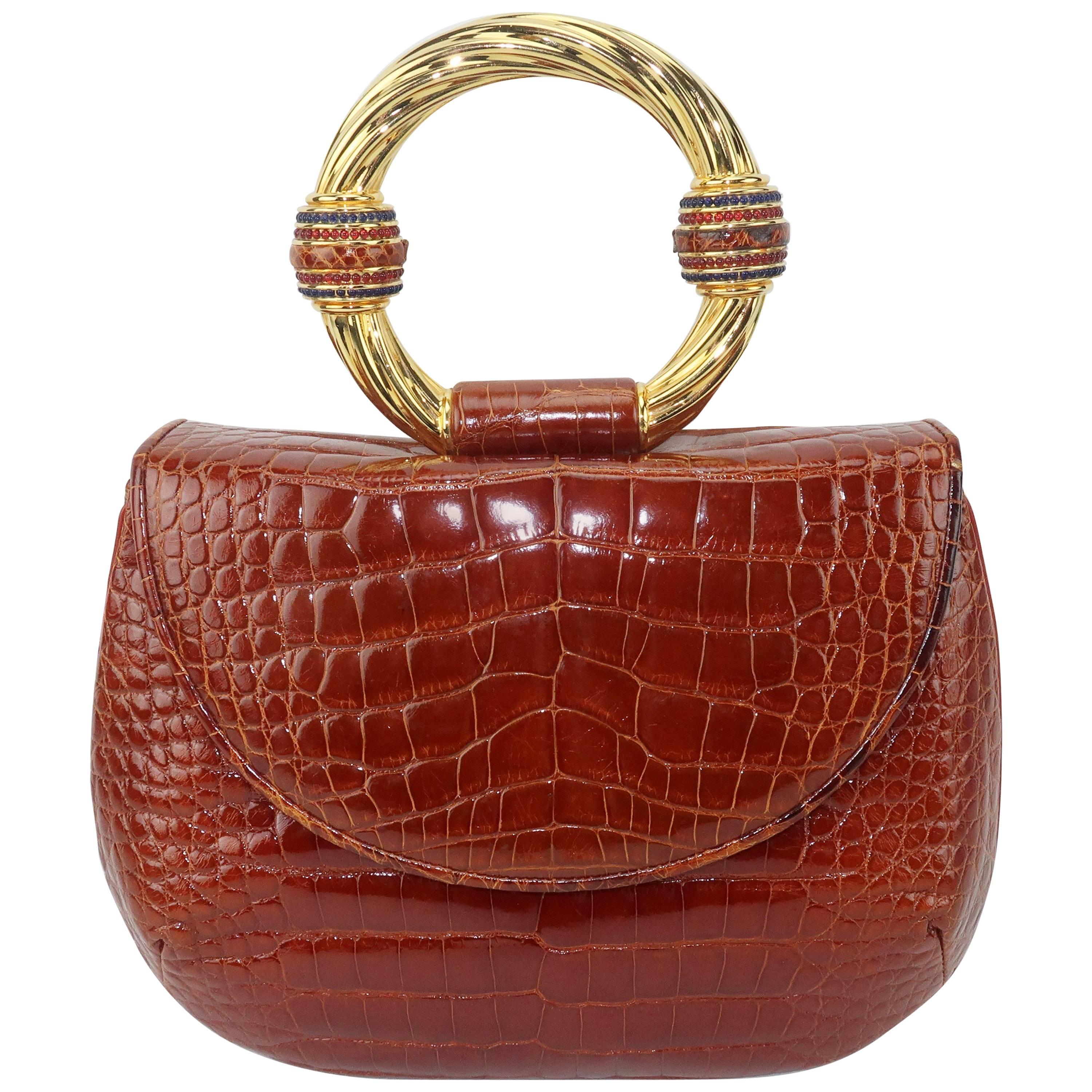 Vintage Judith Leiber Cognac Alligator Handbag With Jewelry Style Handle