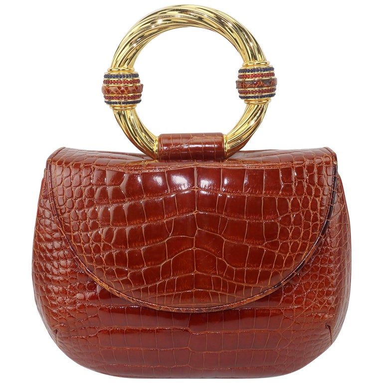 Vintage Judith Leiber Cognac Alligator Handbag With Jewelry Style Handle at 1stDibs
