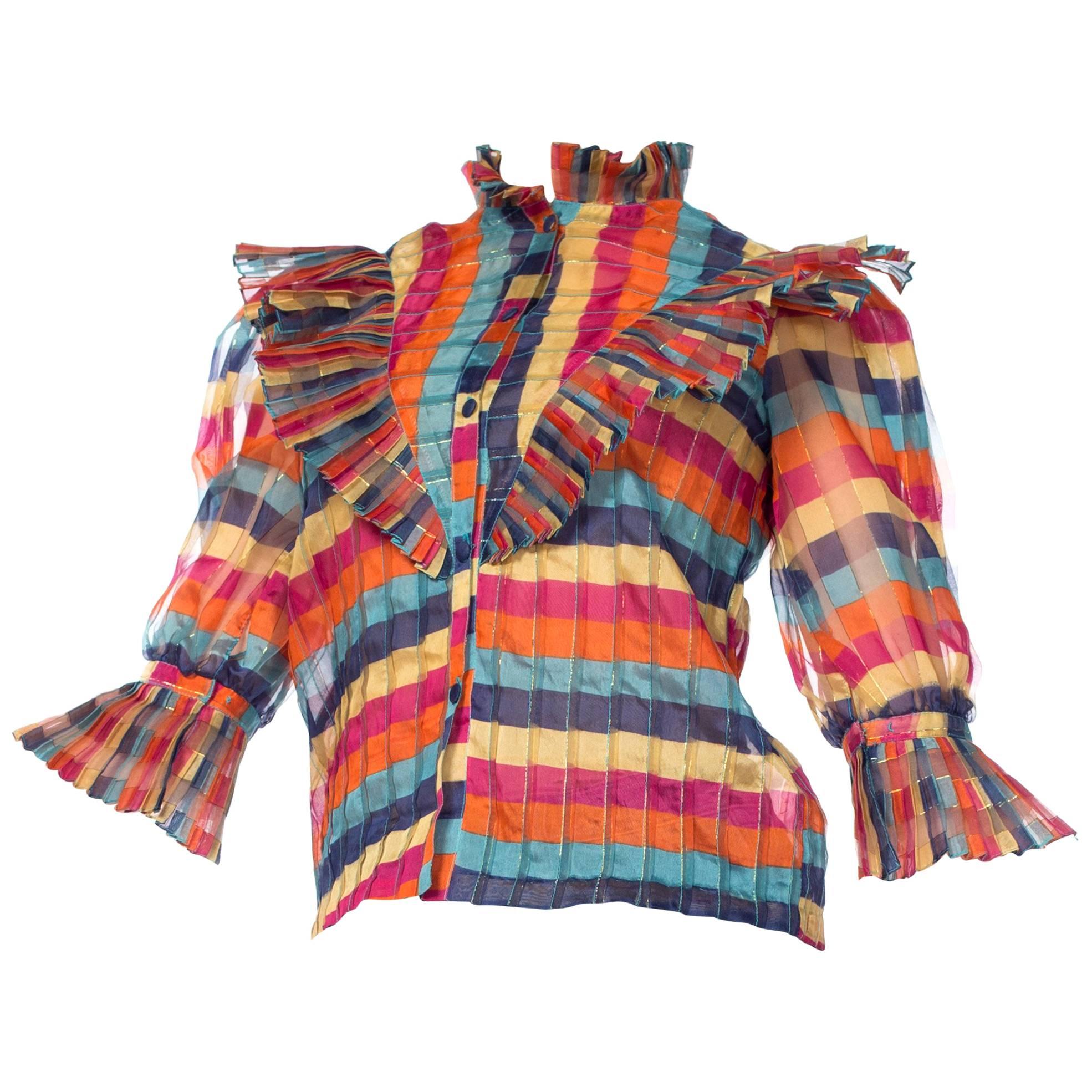 Fab Gucci Style 1970s Rainbow Ruffled Silk Blouse
