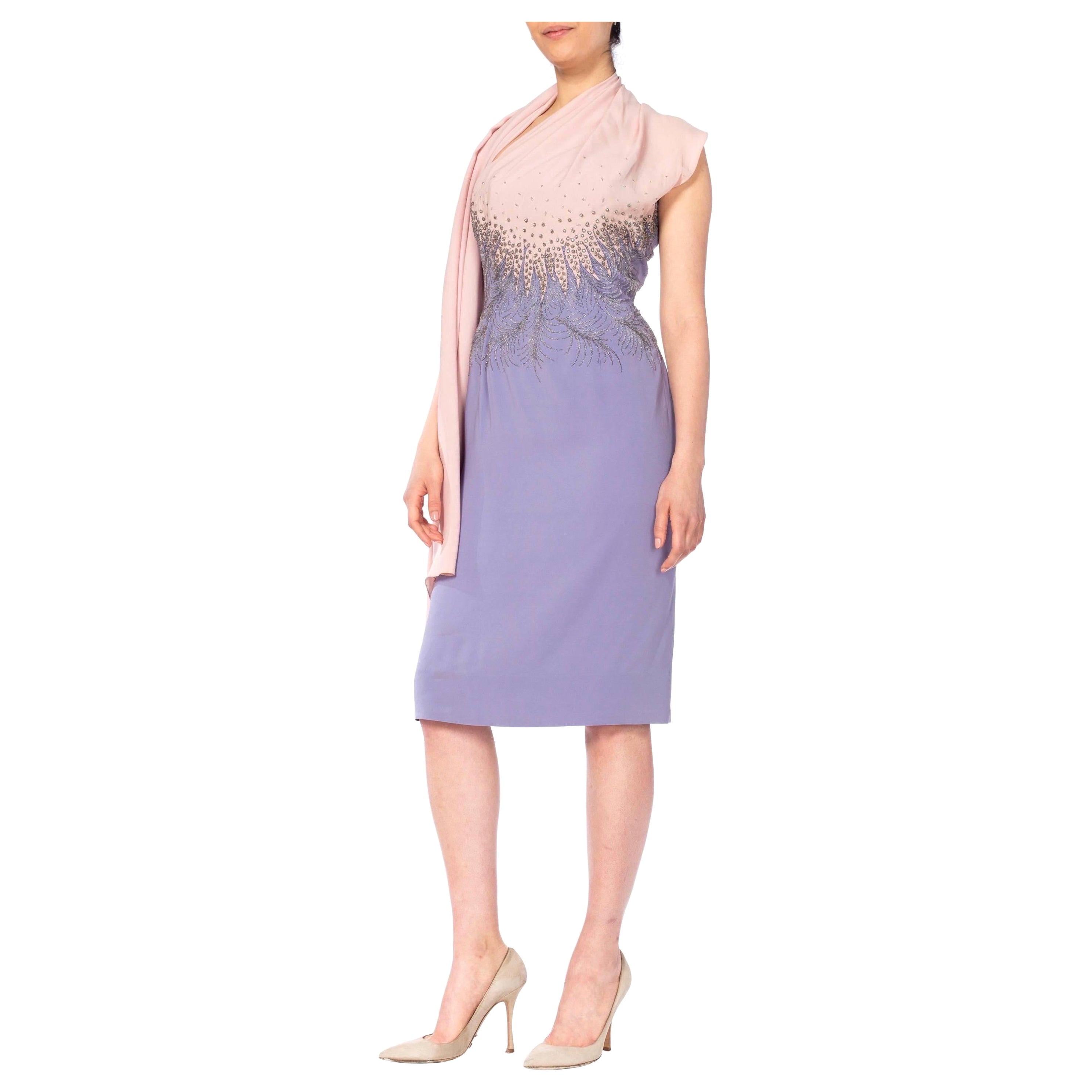 1950S FERCIONI Pink & Purple Haute Couture Silk Beaded One Shoulder Cocktail Dr For Sale
