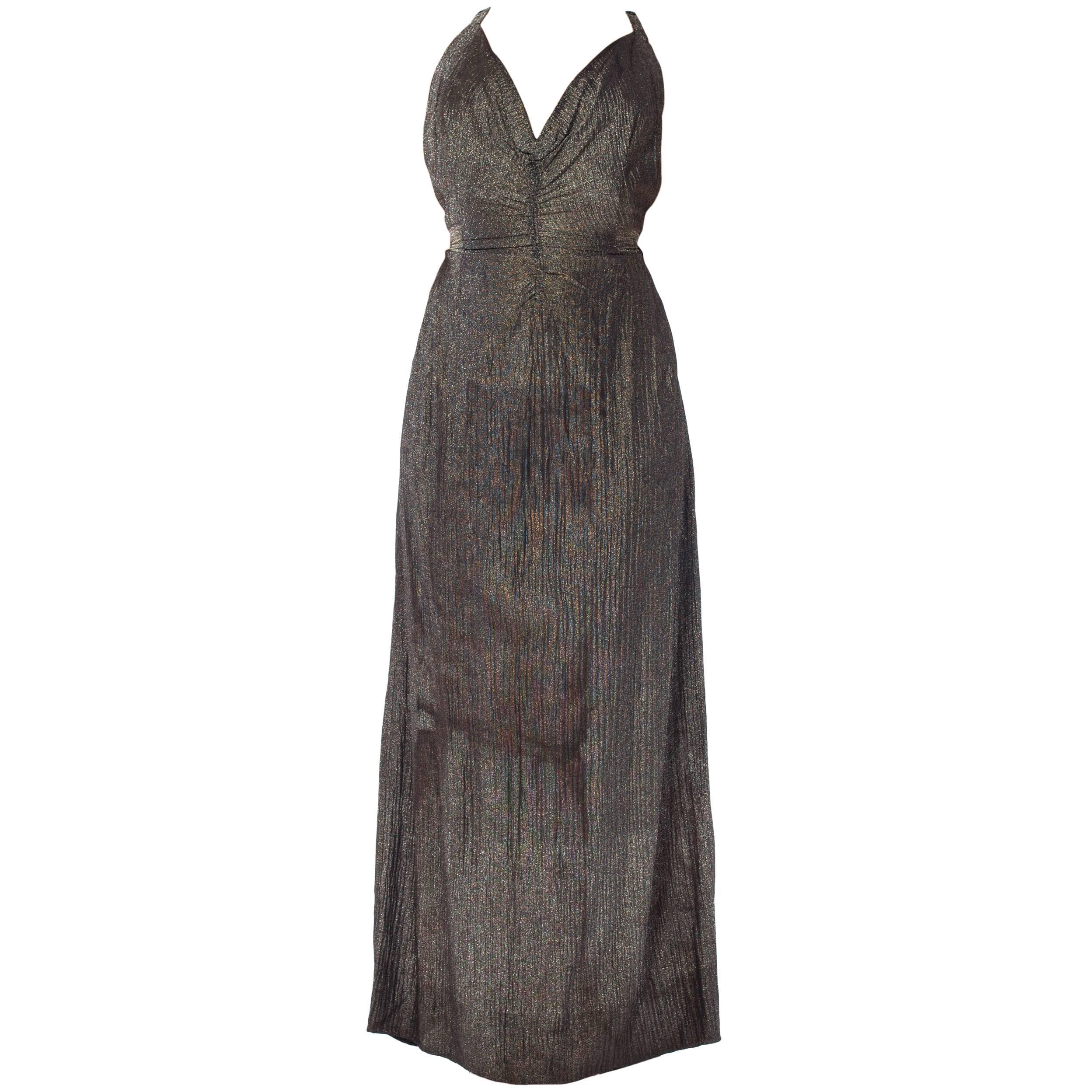 MORPHEW COLLECTION Black & Gold Antique Patina Silk Lamé  Gown With Low Back An For Sale