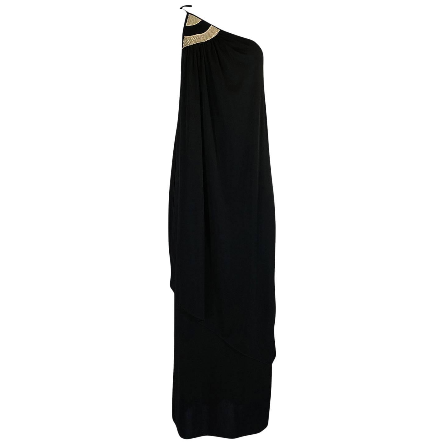 1970s Bill Tice One Shoulder Gold & Black Jersey Dress