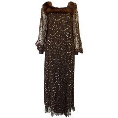 1970s Givenchy Haute Couture Metallic Dot, Silk & Mink Dress