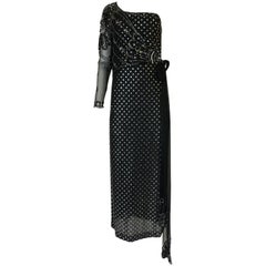 Vintage 1970s Bill Gibb Silver & Black Dress w Beaded Shoulder Piece