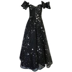 1986 Murray Arbeid Silver Glitter Stars & Bows Ballgown Dress