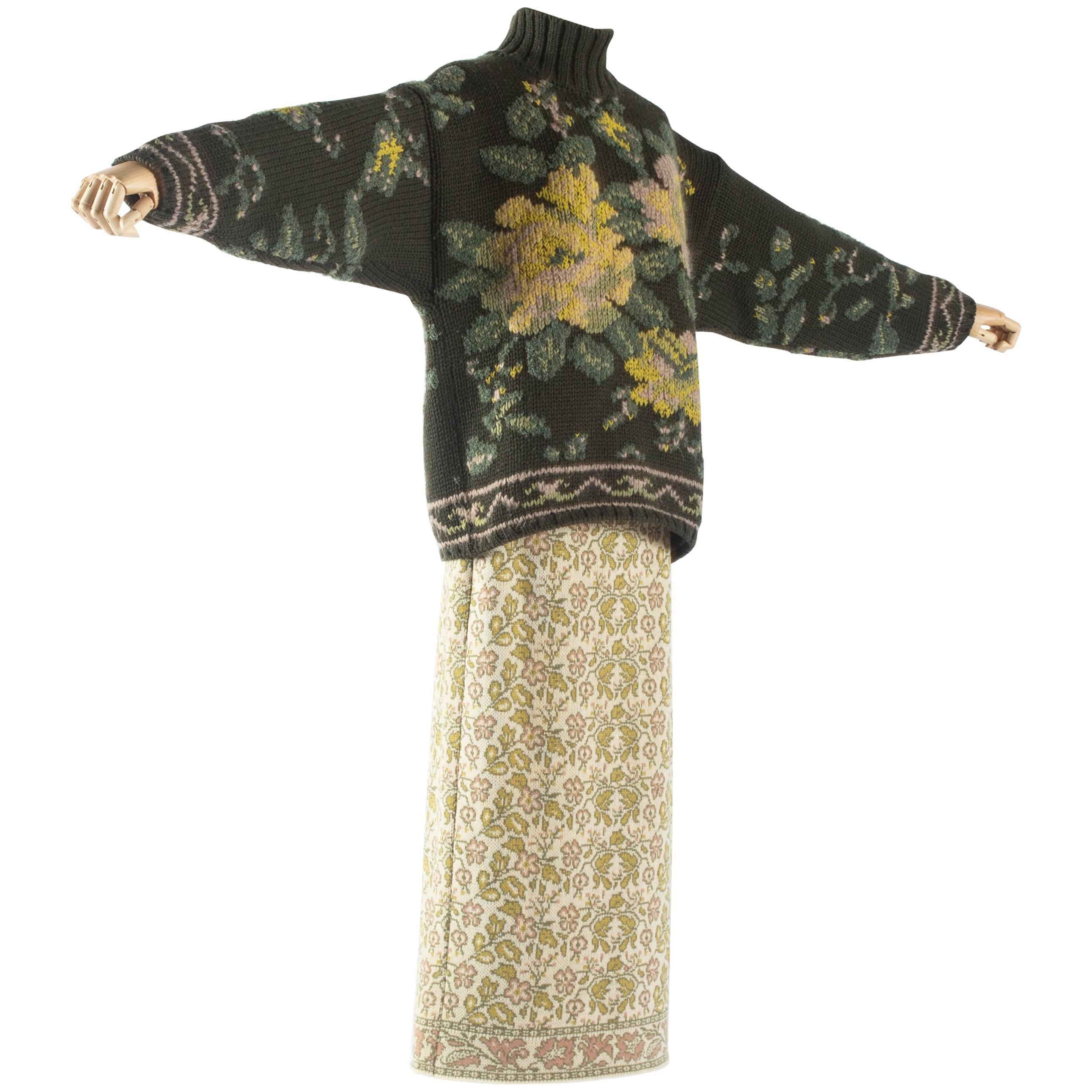 Jean Paul Gaultier floral tapestry cable-knit sweater and skirt, aw 1984