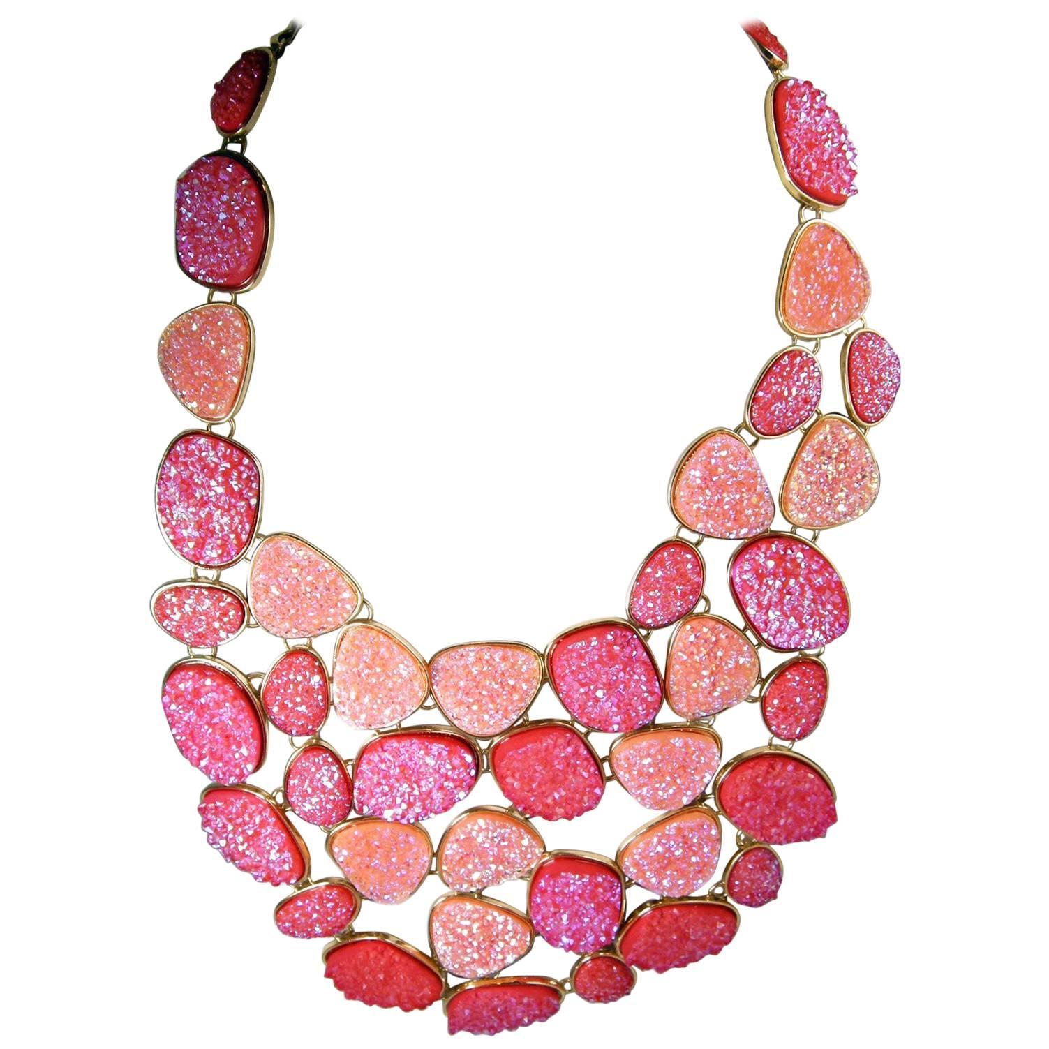 Unsigned Oscar de la Renta Hot Pink Druzy Crystallized Necklace