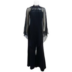 Lace Detail Black Jumpsuit and Sheer Pleated Cape, 1970s