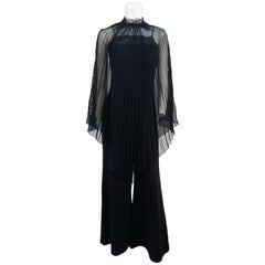 Lace Detail Black Jumpsuit and Sheer Pleated Cape, 1970s 