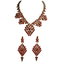 Oscar de la Renta Vintage Faux Ruby Bib Necklace and Earrings Set