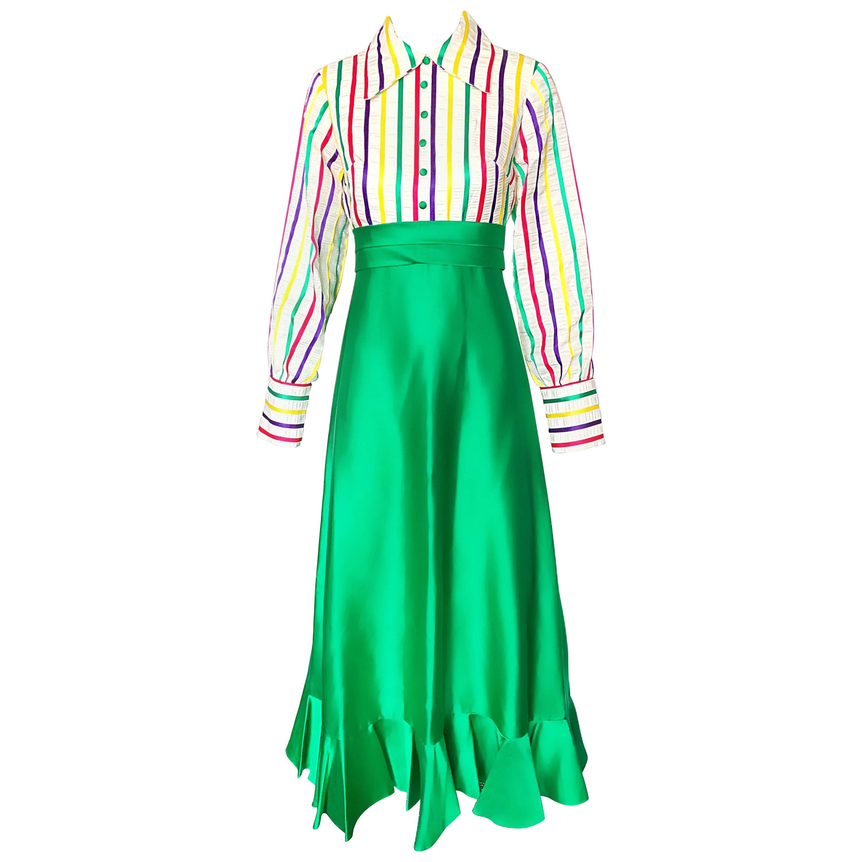 1970s Emma Domb Candy Stripe Silk Gown Kelly Green 70s Vintage Maxi Dress