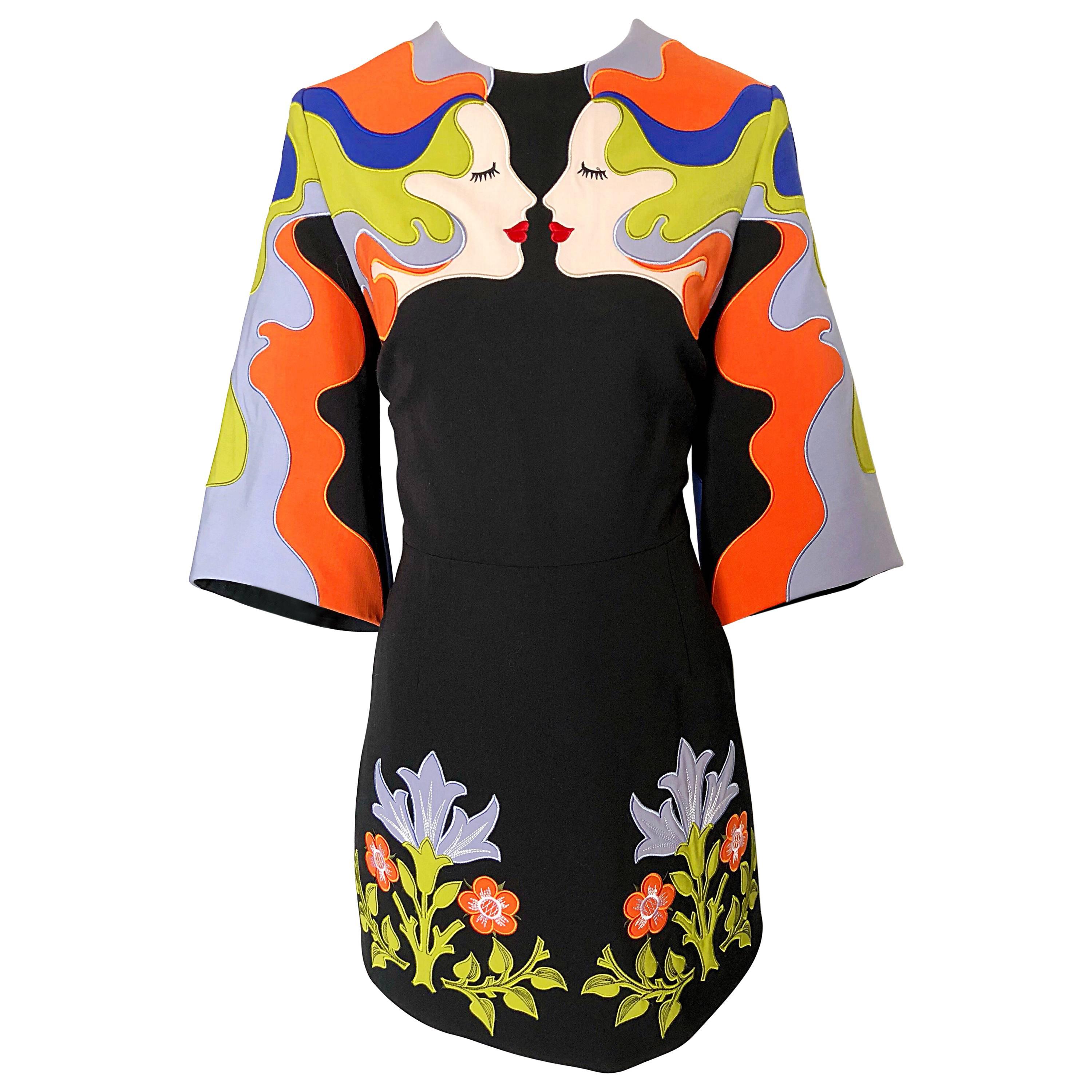 Vivetta Avant Garde 1960s Style Kissing Beauties Black Embroidered Dress