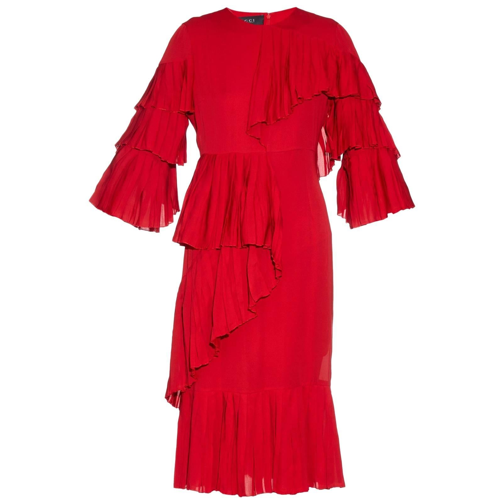 New Gucci Ruffled Silk-Georgette Hibiscus Red Dress It. 40 For Sale at ...
