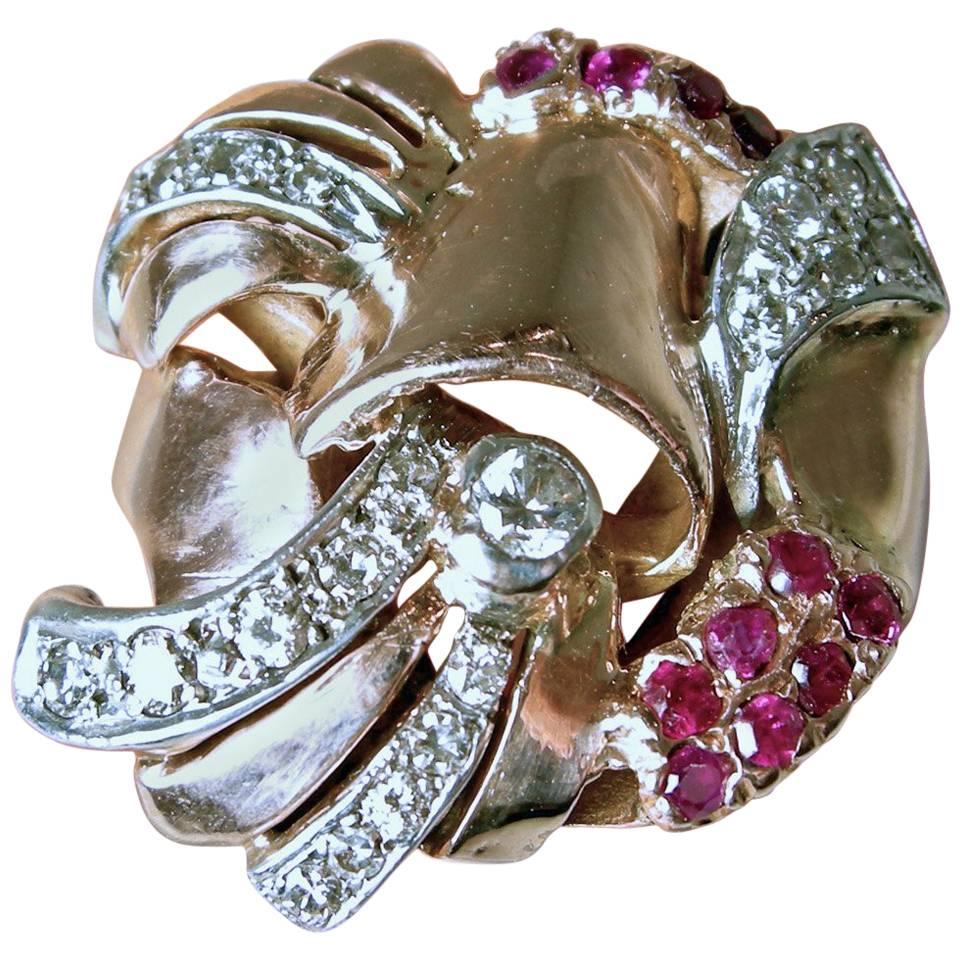 Vintage 1940s 14 KT Rose Gold Ruby & Diamond Retro Ring For Sale