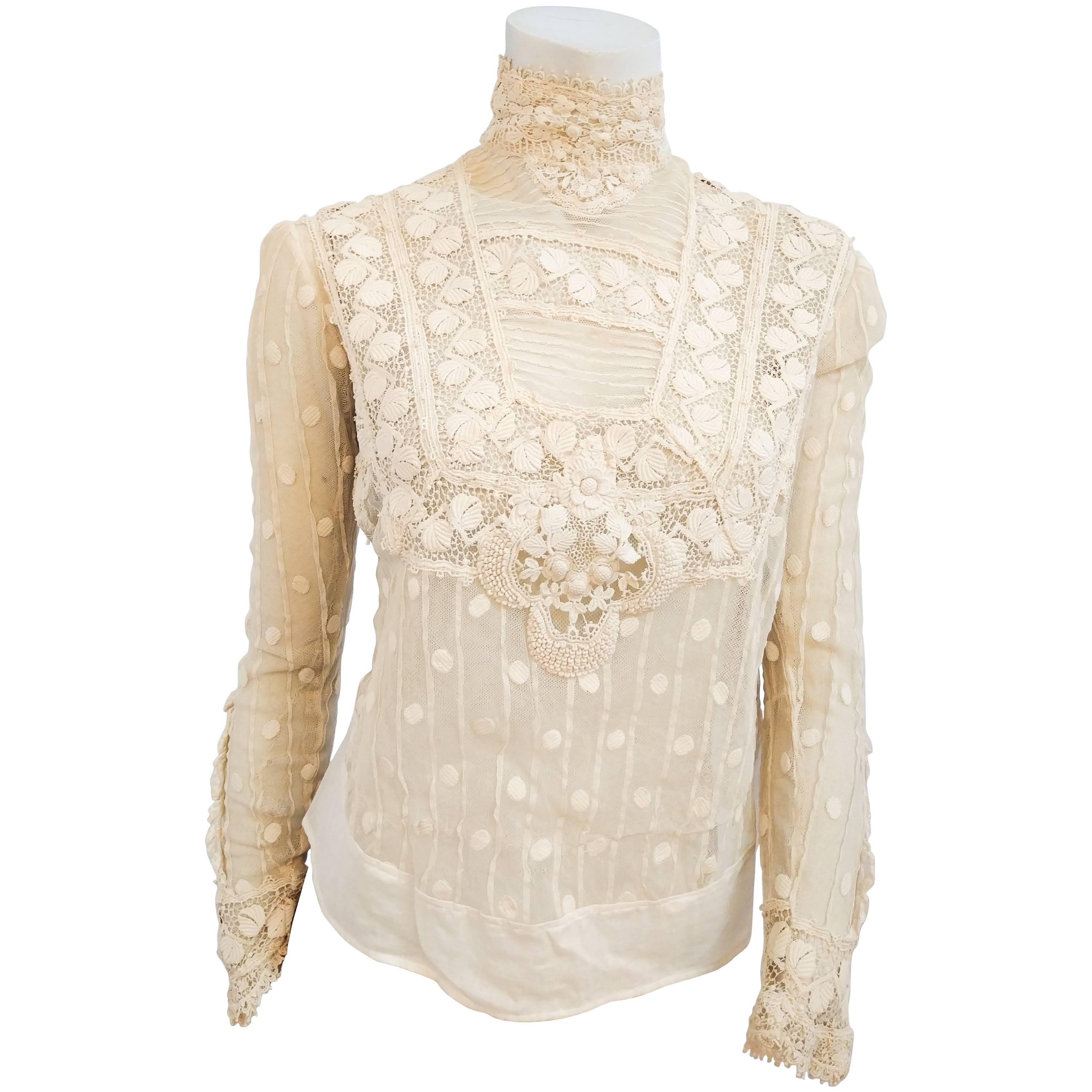 Edwardian Polka Dot Sheer Lace Blouse For Sale