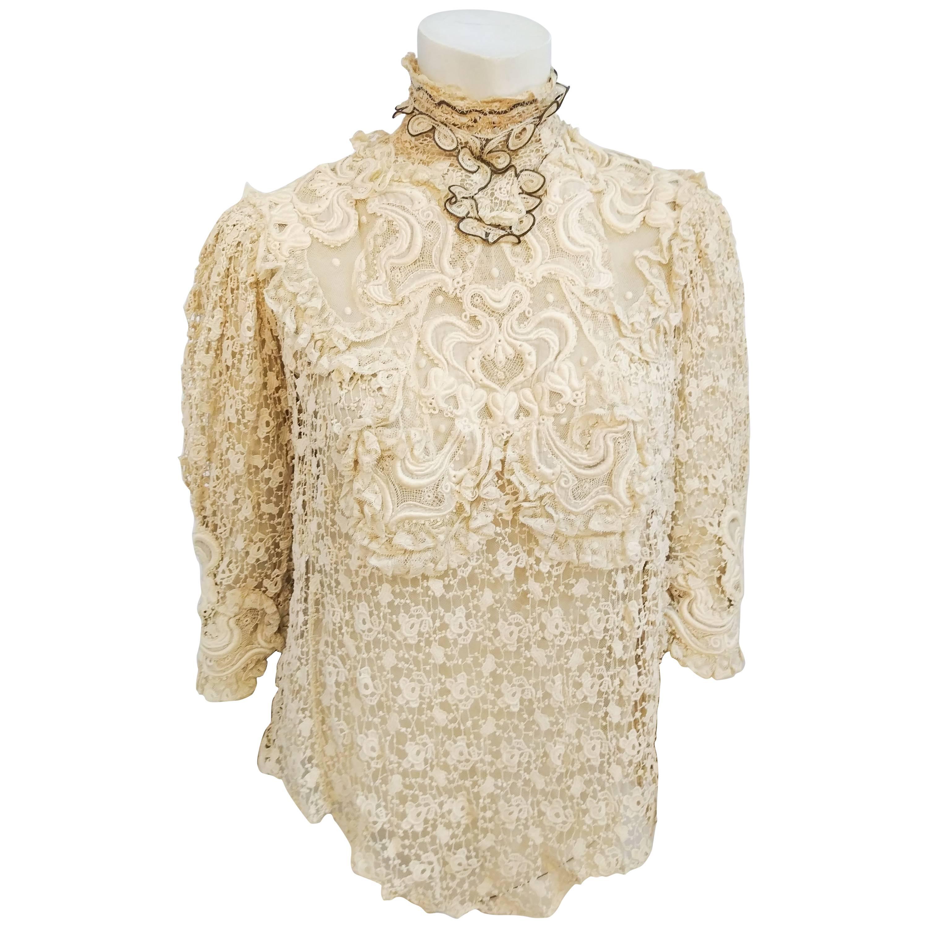 Edwardian Cream All-Over Lace Blouse For Sale