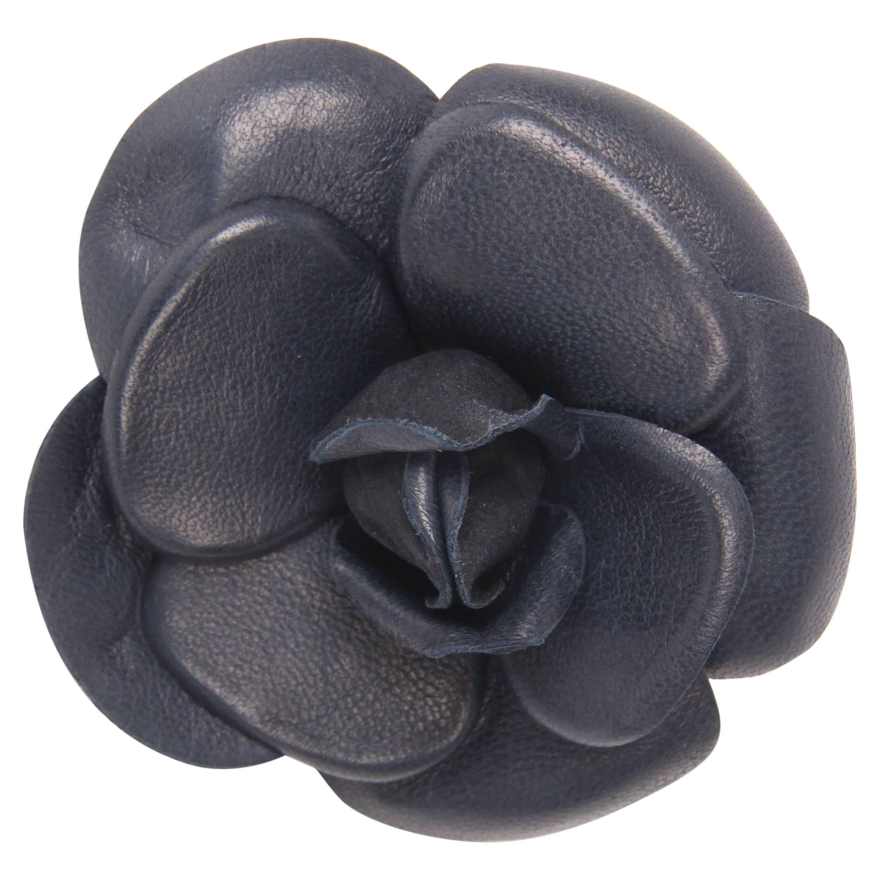 Chanel Leather Camellia Brooch Pin - dark blue For Sale