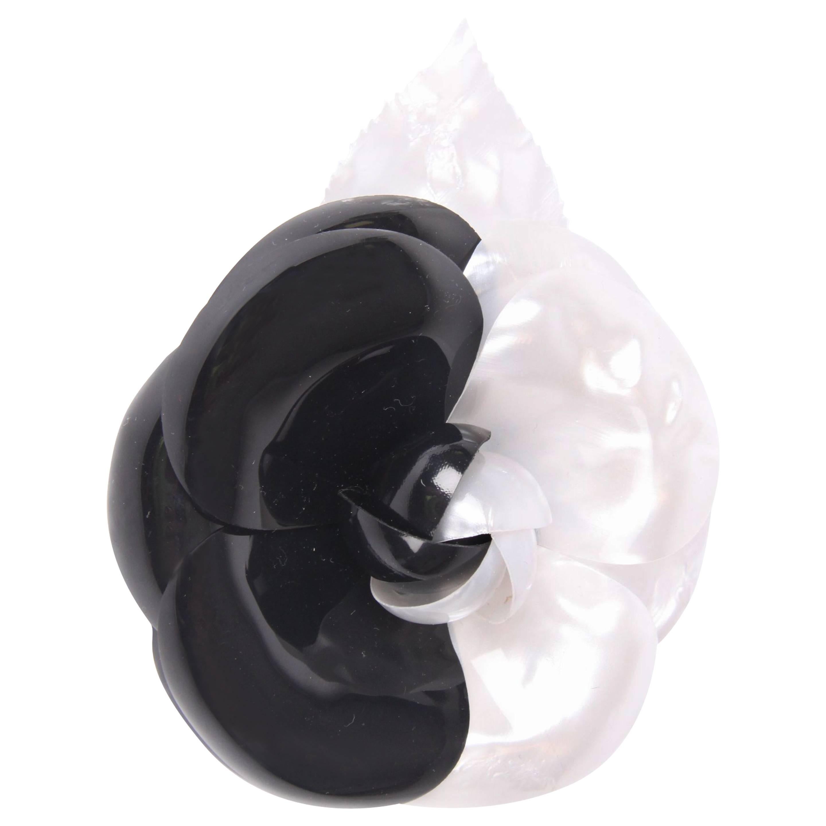 Chanel Camellia Flower Brooch Pin - black & white