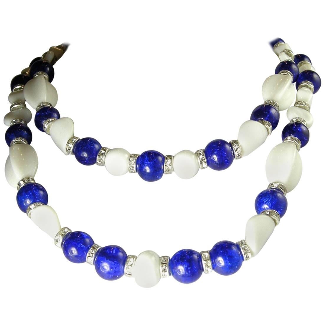Marquise Vintage Blue And White Two Strand Glass Necklace For Sale