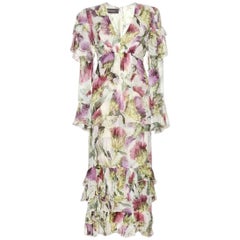 New Gucci Thistles and Birds Print Romantic Silk Watercolor Dress It. 40