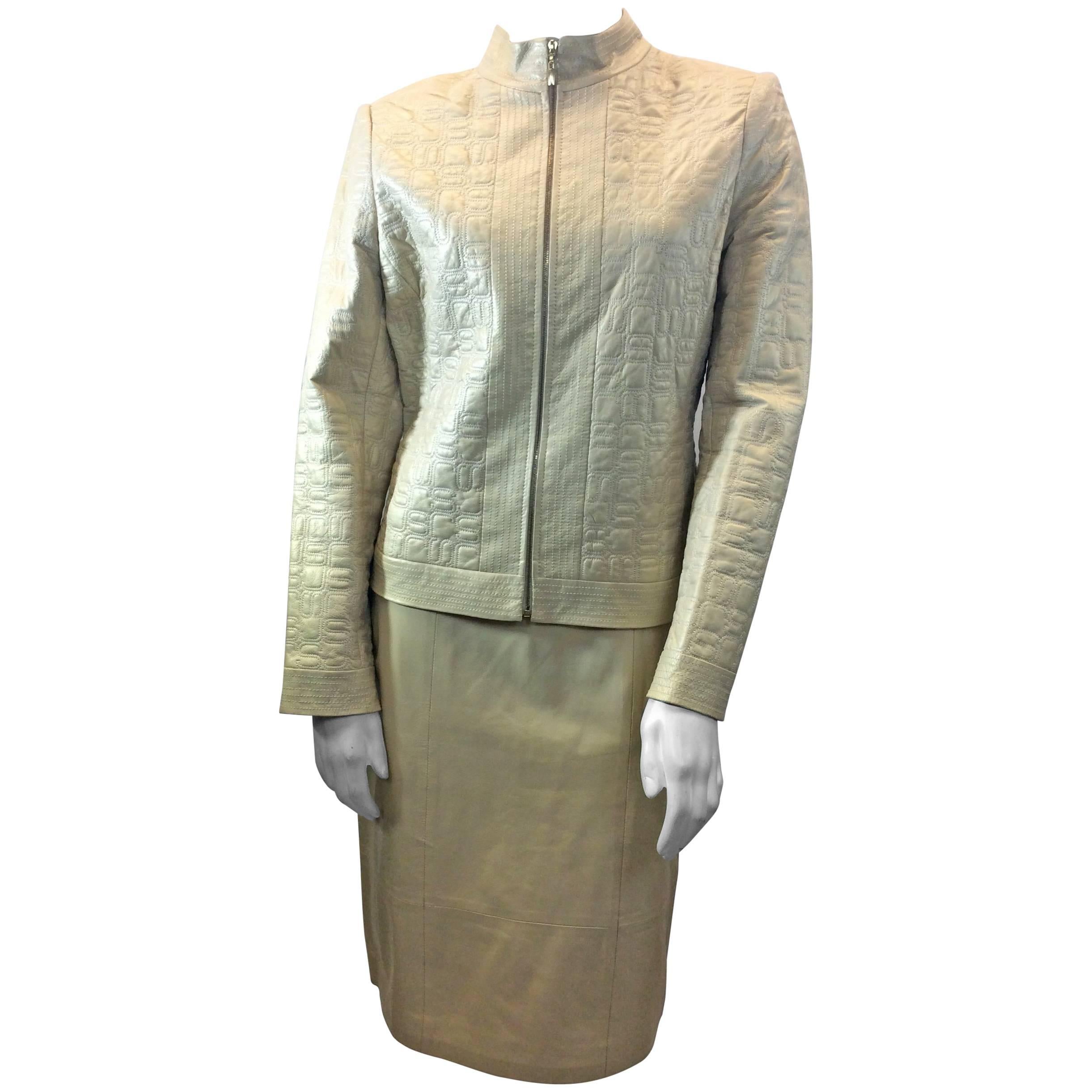 St. John Gold Leather Skirt Suit For Sale