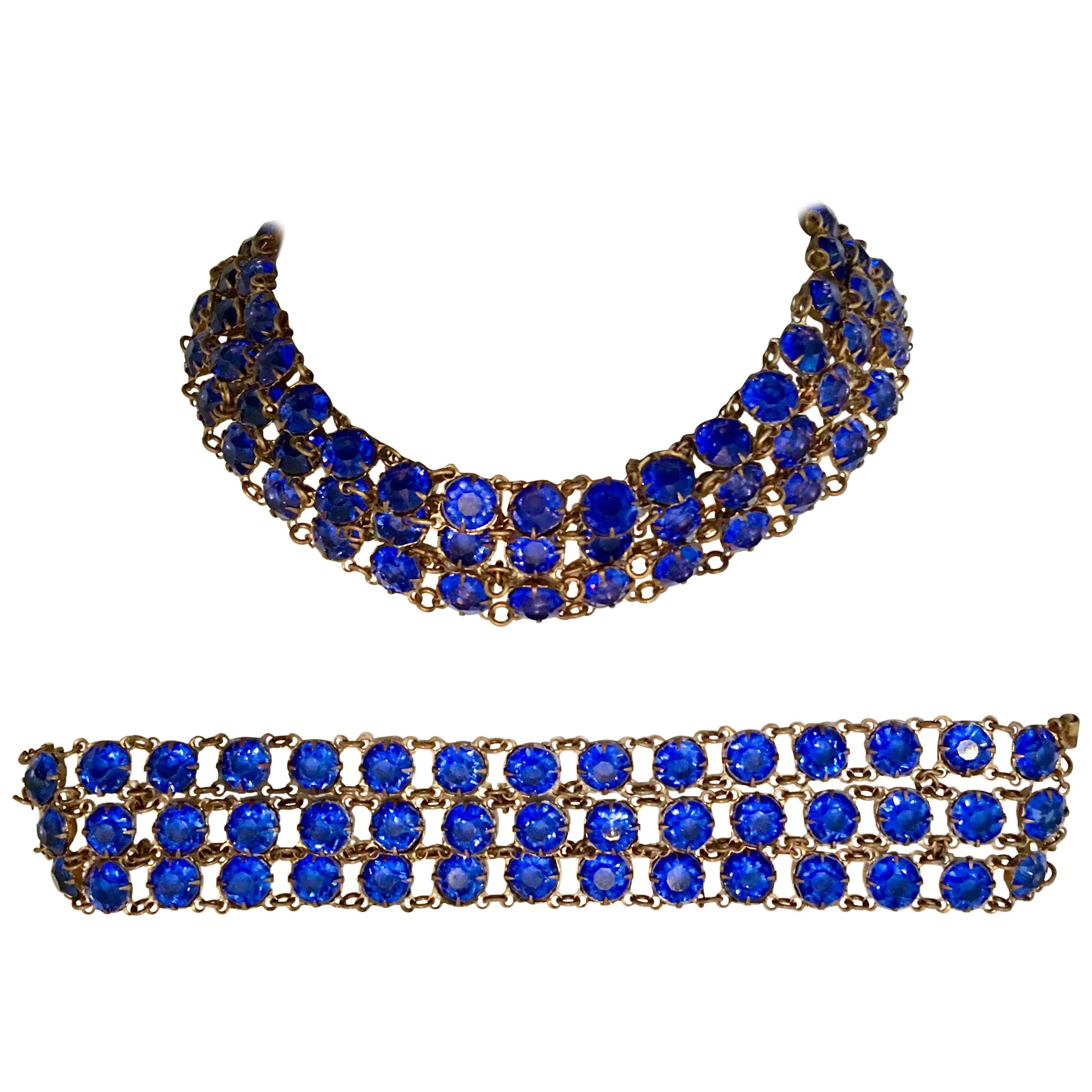 Antique Gilt Gold Sapphire Blue Faceted Glass Choker Necklace & Bracelet S/2 For Sale