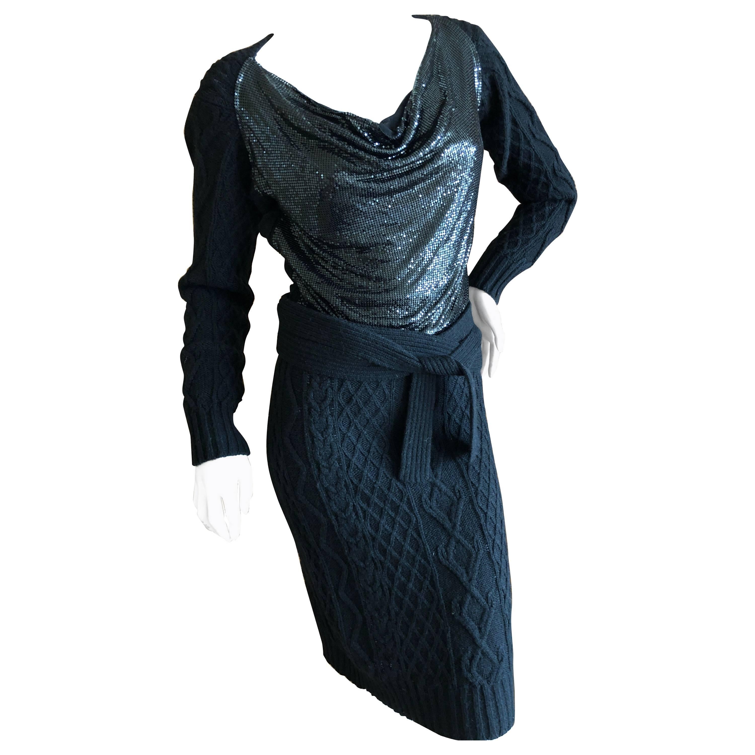 Jean Paul Gaultier Angora Blend Cable Knit Dress with Draped Metal Mesh Bodice  For Sale