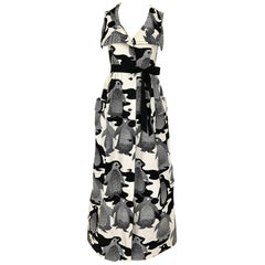 1970s Black and White Penguin Prints Cotton Maxi Dress